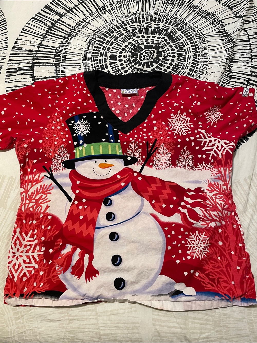 Festive Red Snowman Holiday Scrub Top